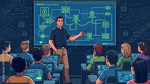 Man teaching computer science class with flowchart on screen.