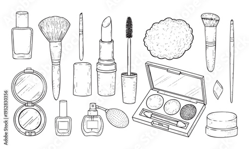 A comprehensive collection of cosmetic tools and makeup products presented in a handdrawn sketch style, perfect for beauty industry promotions, product illustrations, or educational content.