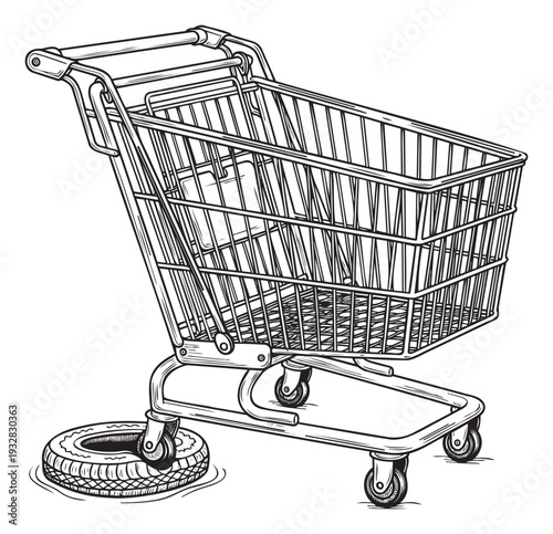 Illustrative monochrome shopping cart facing an unexpected obstacle with a large car tire replacing one wheel and submerged in water, ideal for conveying business challenges or unusual
