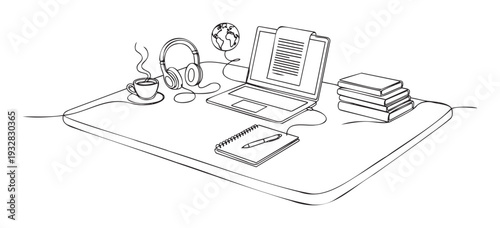 Single continuous line drawing of a home office workspace with a laptop, steaming coffee, headphones, and books, symbolizing online education, remote work, and global connectivity for