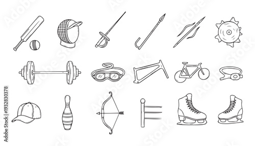 A collection of hand drawn sports equipment and athletic gear for various disciplines, perfect for educational materials, fitness promotions, or sportswear branding projects.