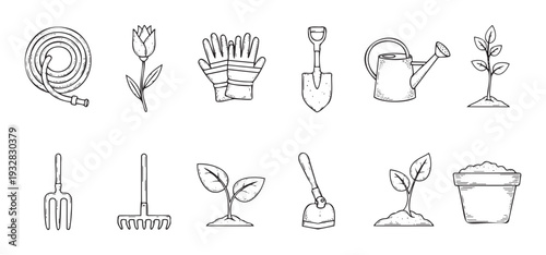 Collection of gardening tools and essential equipment for cultivating plants, ideal for educational materials, garden center promotions, and home gardening guides