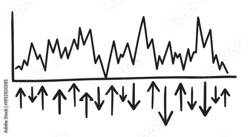 Graph displaying fluctuating data alongside various upward and downward arrows provides a visual representation for financial market analysis and economic trends