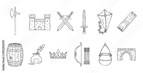 A collection of handdrawn medieval objects including historical weapons, a fortified castle, a royal crown, and various ancient tools perfect for games or educational graphic projects