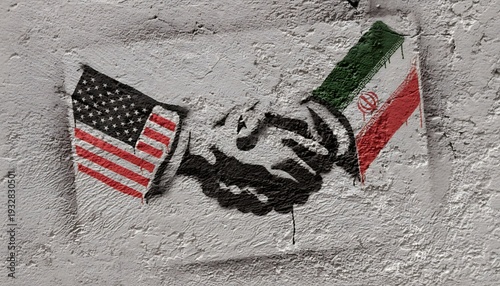 Handshake graffiti with American and Iranian flags on a rough concrete wall symbolizing diplomacy, conflict resolution and peace