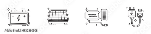 Energy and electrical component vector icons showing a battery, solar panel, electric motor, and power plugs for various technological and sustainable power systems.