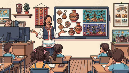 Teacher educating young students about ancient pottery art.