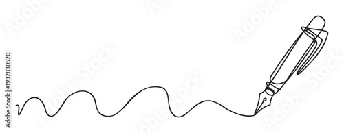 Continuous line drawing of a classic fountain pen creating a smooth wavy stroke, perfect for educational materials, business presentations, or creative stationery branding.