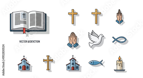 Christianity Icons: Bible, Crosses, Praying Hands, Dove, Fish, Church, Candle