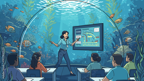 Teacher educating students in an underwater classroom setting.