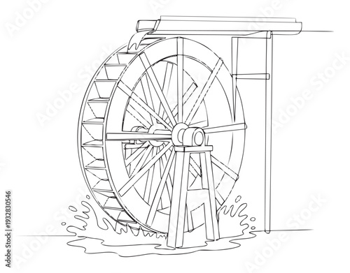 Classic water wheel mechanism converting flowing water into rotational energy for historical engineering studies or renewable energy projects demonstrating ancient power generation