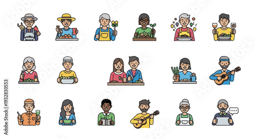 Diverse People Icons: Community, Food, Music, Hobbies, and Lifestyle Collection