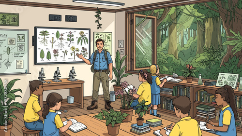 Teacher explaining biology lesson to attentive students in classroom.