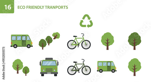 Eco Friendly Transport Icons: Bicycle, Van, Trees, Recycle Symbol