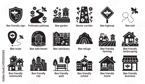 A comprehensive set of bee friendly environment icons representing concepts like pollinator pathways, bee gardens, sanctuaries, and community initiatives for ecological projects and