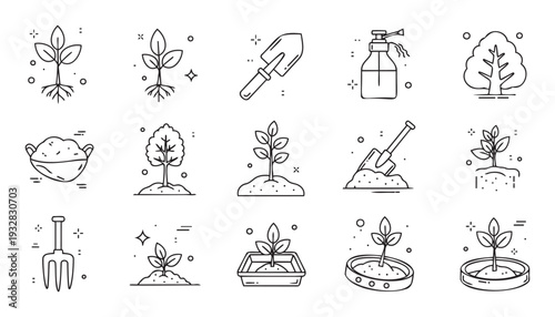 A set of gardening and planting outline icons depicting plant growth, nature, and cultivation activities, suitable for environmental projects, educational content, and digital media.