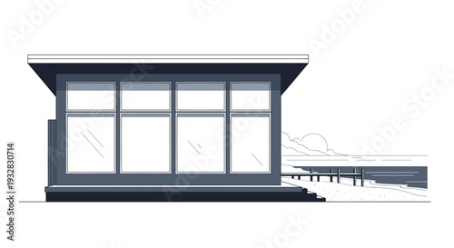 Modern beach house with ocean view, minimalist design.