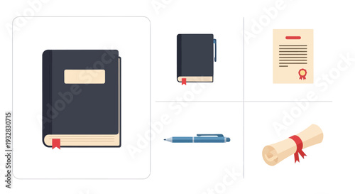 Education and Graduation Icons: Book, Diploma, Certificate, Pen, Notebook