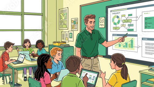 Teacher instructing diverse students in a modern classroom with technology.