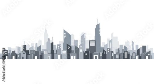 Monochromatic cityscape silhouette with modern buildings against a white background.