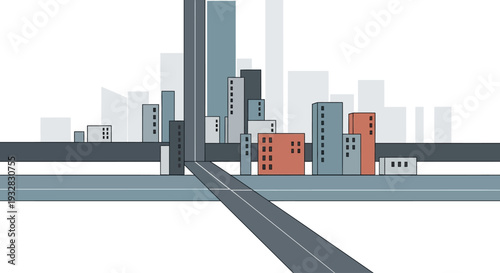 Modern flat vector illustration of a city skyline with highway infrastructure.