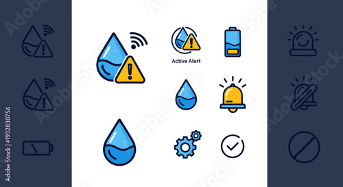 Water Drop Icons Set: Alert, Signal, Battery, Settings, Warning, Notification