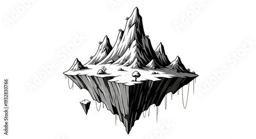 Floating mountain island fantasy landscape illustration on white background