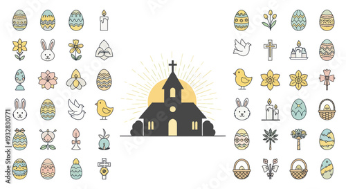 Easter Icons and Church Silhouette with Sunburst - Religious Holiday Symbols Collection