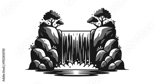 Minimalist black and white waterfall illustration with rocky cliffs and trees