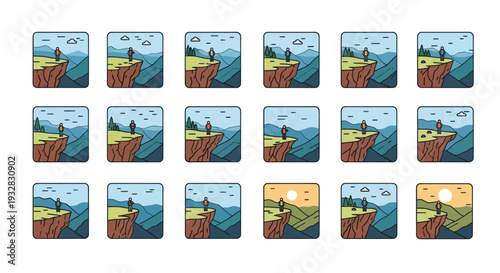 Pixel Art Hiker on Cliff Edge: Scenic Mountain Views, Sunrise & Sunset