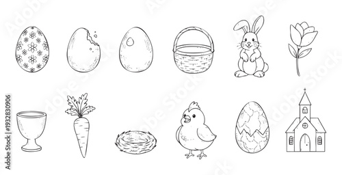 A charming set of hand drawn Easter and springtime holiday elements featuring eggs, a bunny, a chick, a nest, and a church, ideal for festive greetings and seasonal decorations