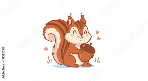 Cute cartoon squirrel holding an acorn with hearts.