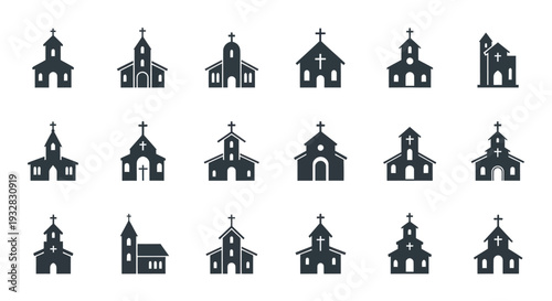 Set of Simple Church Building Icons with Crosses, Minimalist Christian Architecture Silhouettes