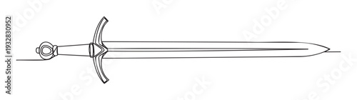 A single continuous line drawing of a medieval knights sword with a straight blade, crossguard, and pommel, perfect for historical weapon imagery or graphic design projects
