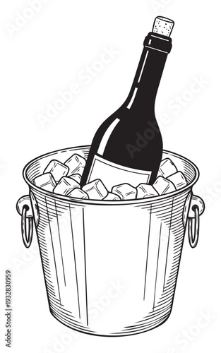 A refreshing beverage scene featuring a classic wine bottle chilling in a metal ice bucket filled with ice cubes, perfect for menus, invitations, or celebration themed graphic compositions.
