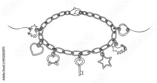 Minimalist continuous line drawing of a charm bracelet adorned with charming cat, heart, key, star, and animal pendants, perfect for jewelry advertising, fashion accessories, or heartfelt