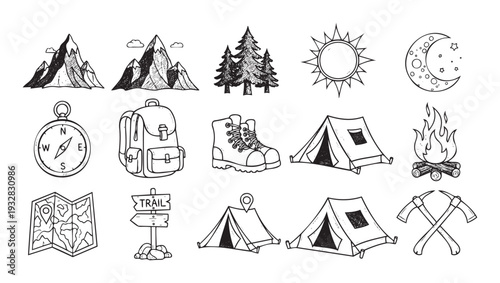 Handdrawn outdoor and camping adventure elements with mountains, trees, sun, moon, compass, backpack, boot, tents, campfire, map, trail sign, pickaxes for exploration designs.