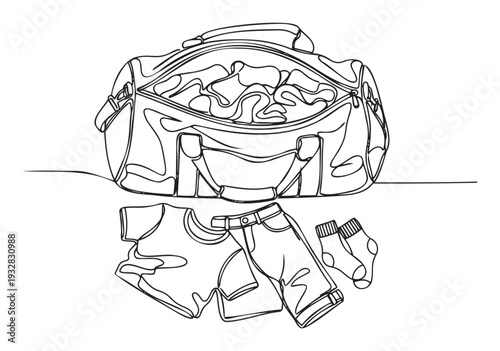 Minimalist single line artwork showing an open duffel bag with garments inside, accompanied by a folded tshirt, shorts, and socks, suitable for illustrating travel and packing themes.