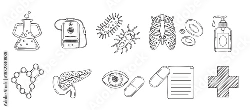 Collection of hand drawn medical and scientific symbols for healthcare education and research materials, suitable for web graphics and print media