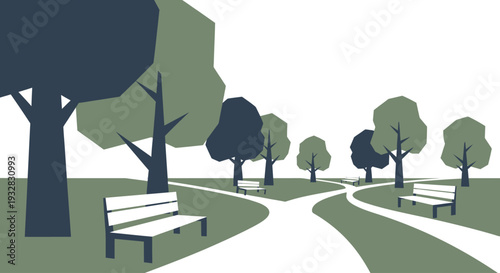 Minimalist flat vector illustration of a peaceful city park with paths and benches