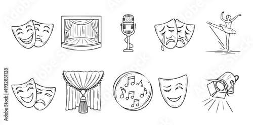 Outline icons depicting performing arts and entertainment symbols like comedy and tragedy masks, stage, microphone, ballerina, music notes, and spotlight, for promotional media.