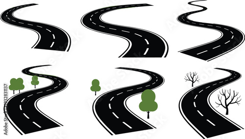 Winding Curved Asphalt Road Collection Vector Illustration, Isolated Black Highway Design Set with Trees and Bare Trees on White BackgroundWinding Curved Asphalt Road Collection Vector Illustration, I