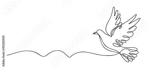 Minimalist continuous line drawing of a graceful dove in flight, embodying peace, freedom, and hope, suitable for spiritual themed presentations, brand identity, or tranquil greeting cards.