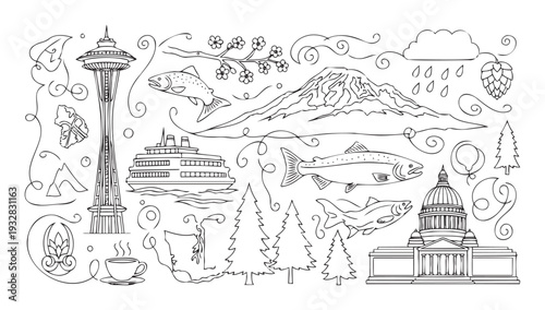 Distinctive North American regional icons and famous landmarks presented in a graphic line style, perfect for engaging educational content, travel promotions, and themed merchandise.