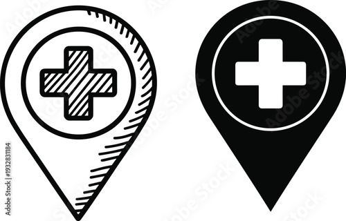 Medical Location Pin Icon Set, Healthcare Map Marker with Cross Symbol, Black and White Vector Illustration Isolated on Background