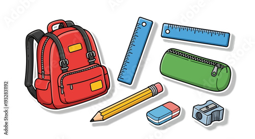 Colorful Cartoon School Supplies Isolated on White Background