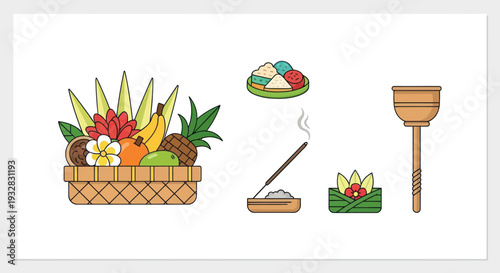 Balinese Offering Basket with Fruits, Incense, and Ceremonial Items