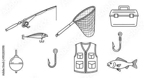 Fishing gear illustration - rod, net, tackle box, hooks, vest, float, and fish.