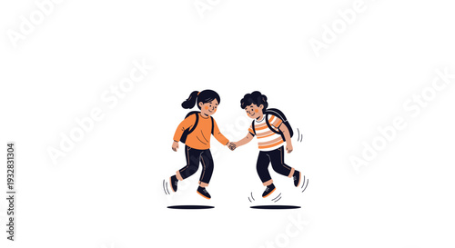Children holding hands, jumping with joy on white background, school children, friendship, fun, happiness