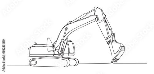 Continuous line drawing of a heavy duty excavator machine working on a construction site representing industry and development for engineering projects and infrastructure planning